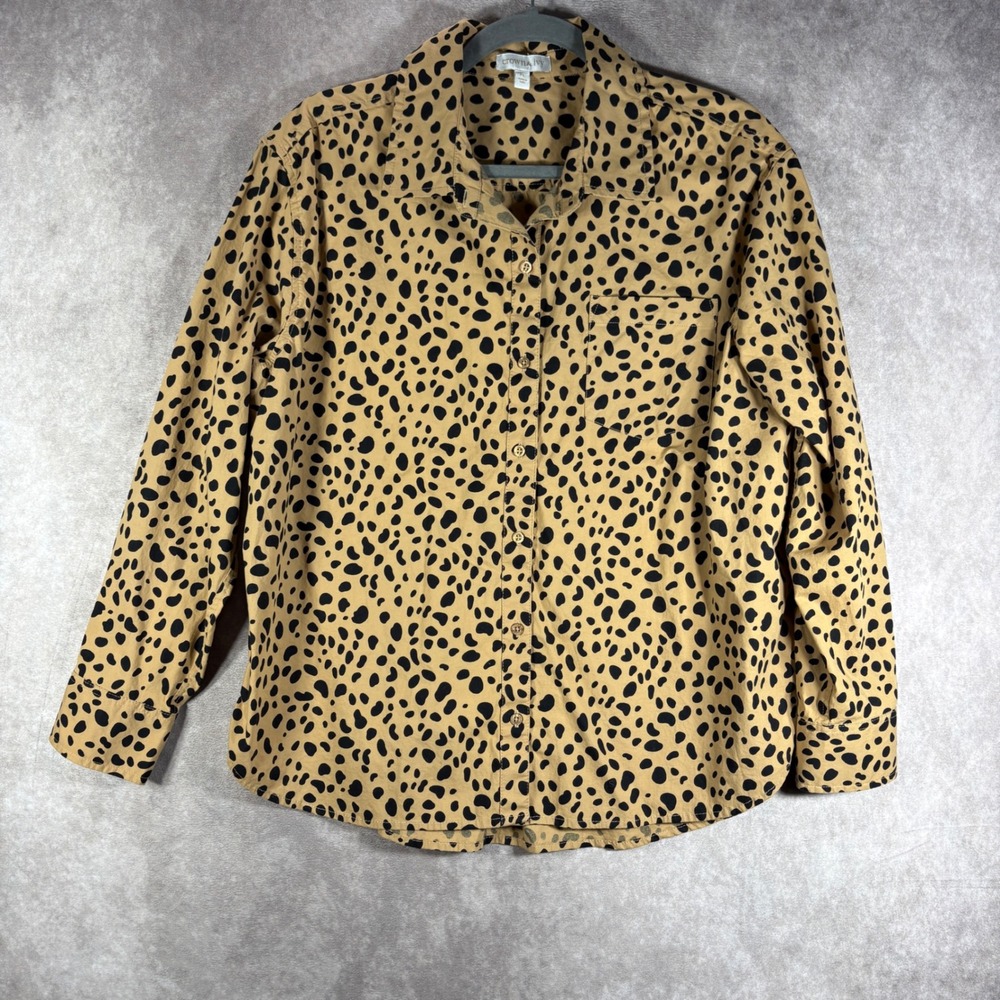 Crown & Ivy Button Down Shirt Women PL Tan Leopard Print Long Sleeve Stretch Top